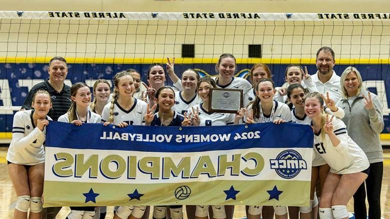 Penn State Altoona women's volleyball team poses for a photo after winning the 2024 AMCC Championship